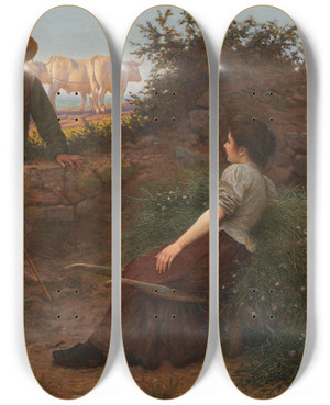 Triptych art skateboard deck of Camille Flix Bellanger Chatting By The Wayside by Camille Felix Bellanger (1853-1923)