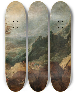 Triptych art skateboard deck of Joos De Momper A Mountainous Landscape With Travellers_2 by Joos de Momper (1564-1634)