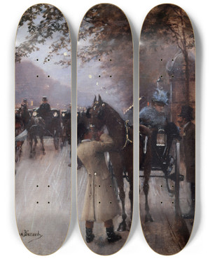 Triptych art skateboard deck of Jean Braud Le Boulevard Des Capucines Le Soir Devant Le Caf Napolitain by Jean Beraud (1849-1935)