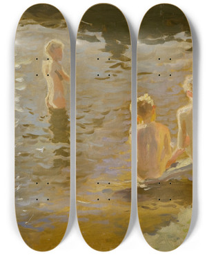 Triptych art skateboard deck of Johann Walterkurau Boys Bathing by Johann Walter-Kurau (1869-1932)