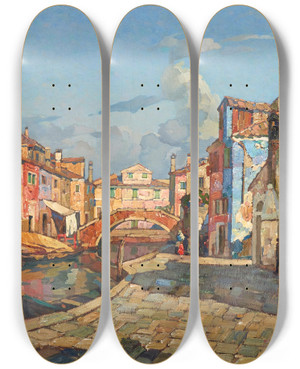 Triptych art skateboard deck of Angelo Pavan A View Of Burano by Angelo Pavan