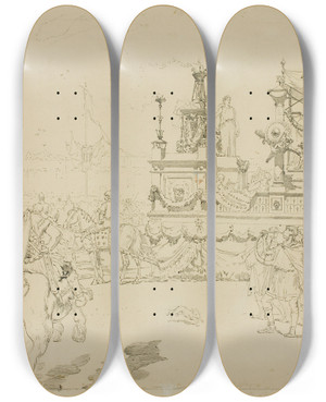 Triptych art skateboard deck of Daniel Urrabieta Vierge Scene From The Ftes De Rennes by Daniel Urrabieta Vierge (1851-1904)