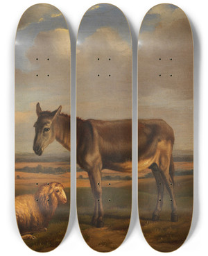 Triptych art skateboard deck of Adolphe Malherbe Schaf Und Esel Vor Weiter Landschaft by Adolphe Malherbe (19-)