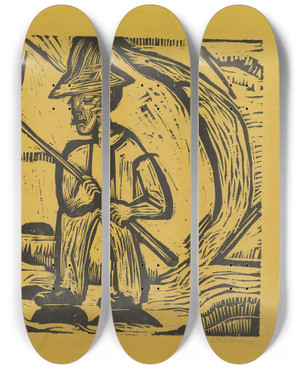 Triptych art skateboard deck of Ernst Ludwig Kirchner Der Angler by Ernst Ludwig Kirchner (1880-1938)