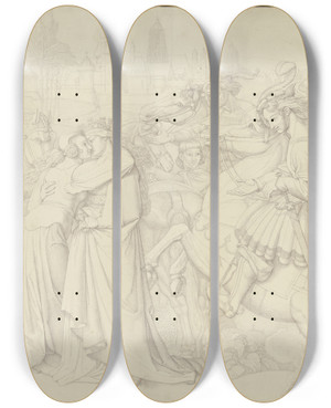 Triptych art skateboard deck of Peter Von Cornelius The Queens Greeting by Peter Von Cornelius (1784-1867)