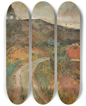 Triptych art skateboard deck of Arnulf Verland Landskap by Arnulf Overland (1889-1968)