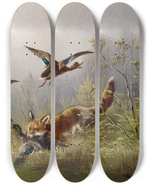 Triptych art skateboard deck of Moritz Mller Fox Chasing Ducks by Moritz Melzer (1841-1899)