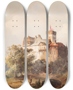 Triptych art skateboard deck of Carl Hilgers Castle In Stormy Landscape by Carl Hilgers (1818-1890)