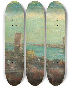 Triptych art skateboard deck of Henry Ward Ranger Brooklyn Bridge by Henry Ward Ranger (1858-1916)
