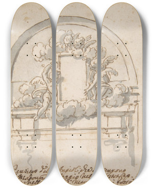 Triptych art skateboard deck of Pier Leone Ghezzi Angels Supporting A Frame by Pier Leone Ghezzi (1674-1755)