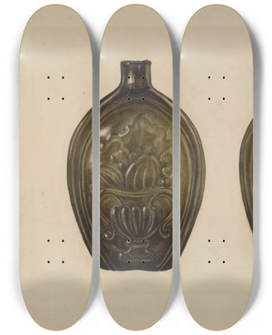 Triptych art skateboard deck of Anne Nemtzoff Flask by Anne Nemtzoff