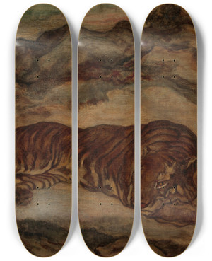 Triptych art skateboard deck of Antoinelouis Barye Tiger In Repose by Antoine-Louis Barye (1796-1875)