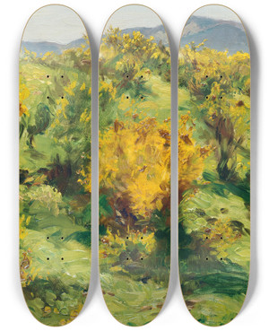 Triptych art skateboard deck of Wilhelm Gustav Friedrich Hasemann Blooming Gorse by Wilhelm Gustav Friedrich Hasemann