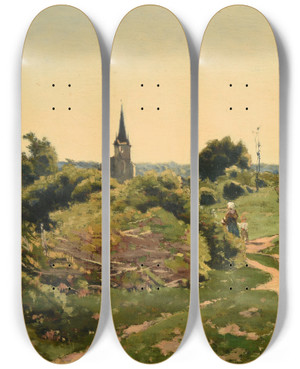 Triptych art skateboard deck of Henrijoseph Harpignies Temps De Soleil Saintpriv by Henri Joseph Harpignies (1819-1916)