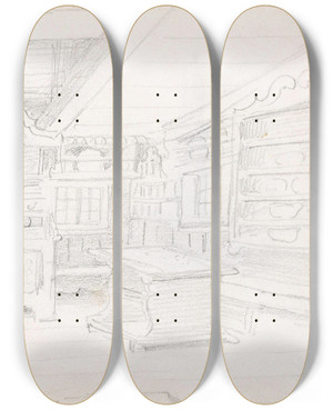 Triptych art skateboard deck of Adolph Tidemand Stueinterir by Adolph Tidemand (1814-1876)