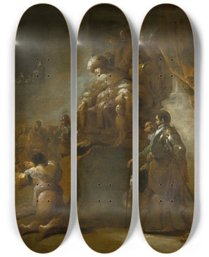 Triptych art skateboard deck of Leonaert Bramer The Judgment Of Solomon by Leonaert Bramer (1596-1674)