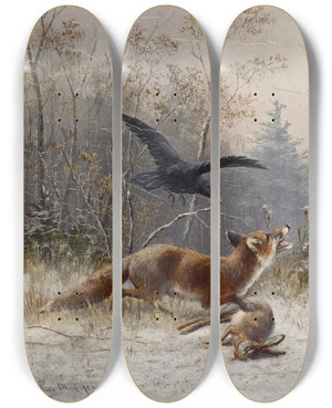 Triptych art skateboard deck of Moritz Mller Fox Chasing Rabbits In Winter by Moritz Melzer (1841-1899)