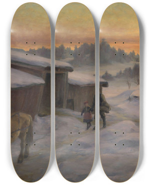 Triptych art skateboard deck of Jacob Glersen A Farm At Lysaker by Jacob Gloersen (1852-1912)