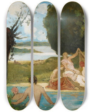 Triptych art skateboard deck of Pierre Puvis De Chavannes Sketch For Summer The Bath by Pierre Puvis De Chavannes (1824-1898)