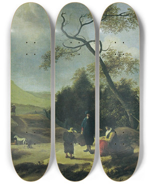 Triptych art skateboard deck of Jan Baptist Wolfaerts Landschap Met Jagers En Rustende Reizigers by Jan Baptist Wolfaerts (1625-1687)