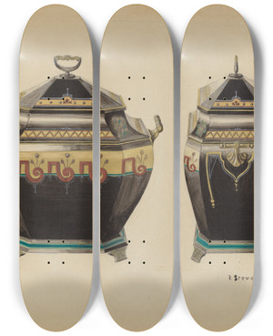 Triptych art skateboard deck of Robert Stewart Toleware Coal Vase by Robert Stewart (20-)