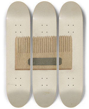Triptych art skateboard deck of Elbert S Mowery Shaker Comb For Grass Seed by Elbert S Mowery