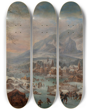 Triptych art skateboard deck of Jan Griffier Flodlandskab Ved Vintertid by Jan Griffier (1648-1718)
