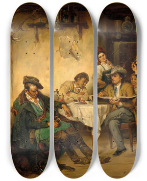 Triptych art skateboard deck of Friedrich Von Keller A Painter In A Tavern by Friedrich Von Keller (1840-1914)