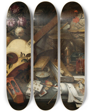 Triptych art skateboard deck of Toms Hiepes Still Life With A Guitar by Tomas Hiepes (1600-1674)