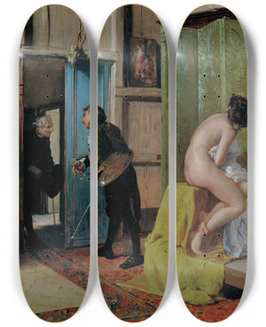Triptych art skateboard deck of Eduardo Zamacois Y Zabala The Wrong Moment by Eduardo Zamacois Y Zabala (1841-1871)