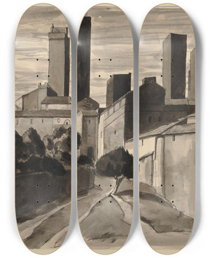 Triptych art skateboard deck of Hermann Lismann San Gimignano_1 by Hermann Lismann (1878-1943)