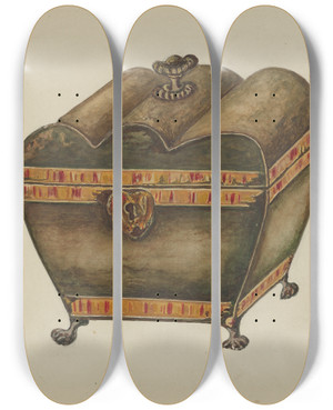 Triptych art skateboard deck of Marie Lutrell Tea Caddy by Marie Lutrell