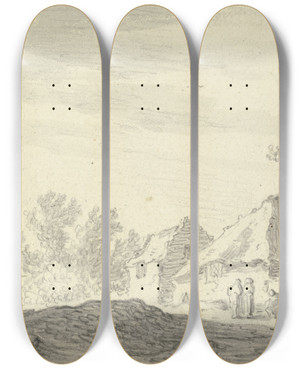 Triptych art skateboard deck of Jan Van Goyen Drei Figuren Vor Einer Htte by Jan Van Goyen (1596-1656)