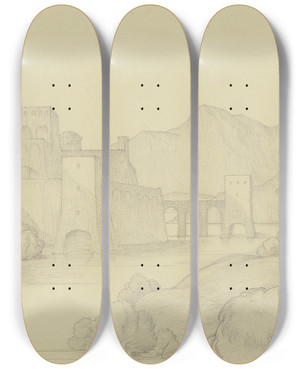 Triptych art skateboard deck of Eduard Von Steinle Town By The Water by Eduard Von Steinle (1810-1886)