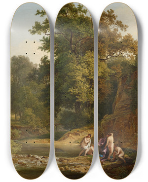 Triptych art skateboard deck of Josef Feid Landschaft Mit Badenden by Josef Feid (1806-1870)