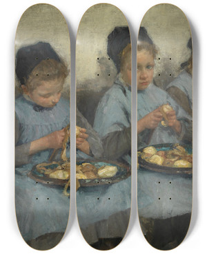 Triptych art skateboard deck of Pierre Jacques Dierckx Weesmeisjes Schillen Aardappelen by Pierre Jacques Dierckx (1854-1947)