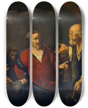 Triptych art skateboard deck of Bernardo Strozzi The Tribute Money by Bernardo Strozzi (1581-1644)