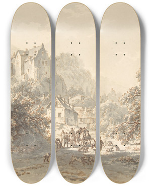 Triptych art skateboard deck of Barend Cornelis Koekkoek Landscape With A Hunting Party by Barend Cornelis Koekkoek (1803-1862)