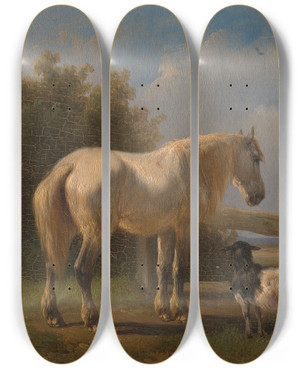 Triptych art skateboard deck of Wouterus Verschuur Horse In The Meadow by Wouterus Verschuur (1812-1874)