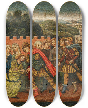 Triptych art skateboard deck of Guidoccio Cozzarelli The Return Of Ulysses by Guidoccio Cozzarelli (1450-1516)