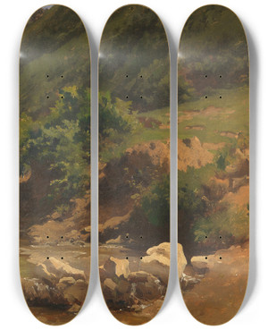 Triptych art skateboard deck of Heinrich Dreber Steiler Hang Mit Bachgrund by Heinrich Dreber (1822-1875)