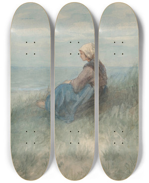 Triptych art skateboard deck of Jozef Israls Een Vrouw Zit Op Een Duin Naar Zee Te Kijken by Jozef Israels (1824-1911)