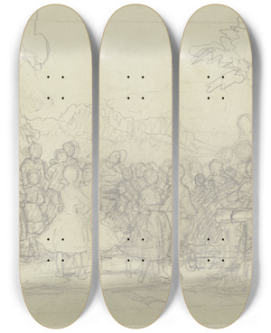 Triptych art skateboard deck of Jakob Becker Dancing Peasants In The Open by Jakob Becker (1810-1872)