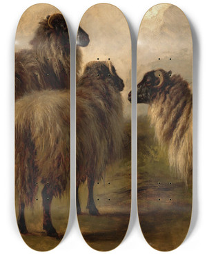 Triptych art skateboard deck of Rosa Bonheur Three Wooly Sheep by Rosa Bonheur (1822-1899)