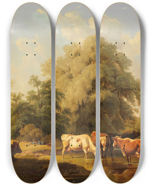 Triptych art skateboard deck of Friedrich Voltz Khe An Der Trnke_1 by Friedrich Voltz (1817-1886)