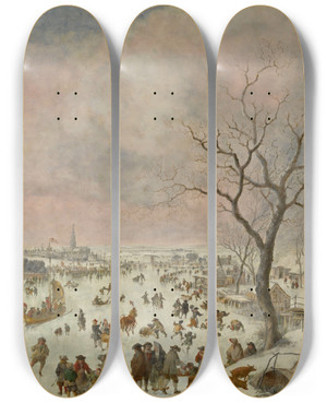 Triptych art skateboard deck of Jan Griffier Winter Pleasures by Jan Griffier (1648-1718)