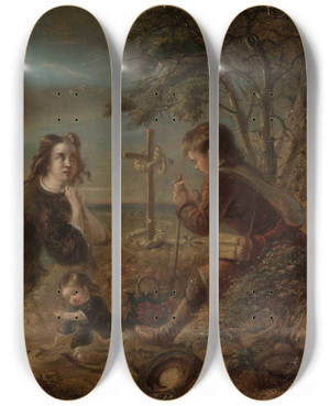 Triptych art skateboard deck of Artur Grottger Prayer At The Grave by Artur Grottger (1837-1867)