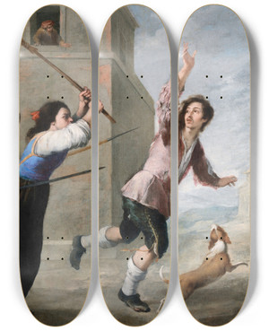 Triptych art skateboard deck of Bartolom Estebn Murillo The Prodigal Son Driven Out by Bartolome Esteban Murillo (1617-1682)