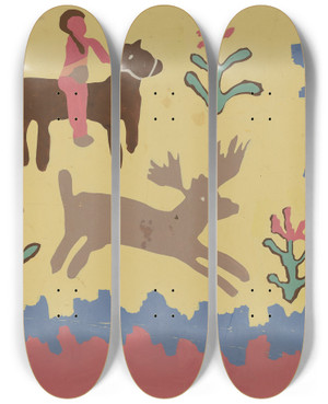 Triptych art skateboard deck of Majel G Claflin Bedspread_1 by Majel G Claflin (1893-1941)