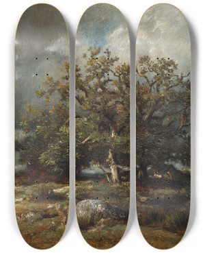 Triptych art skateboard deck of Jules Dupr The Old Oak by Jules Dupre (1811-1889)